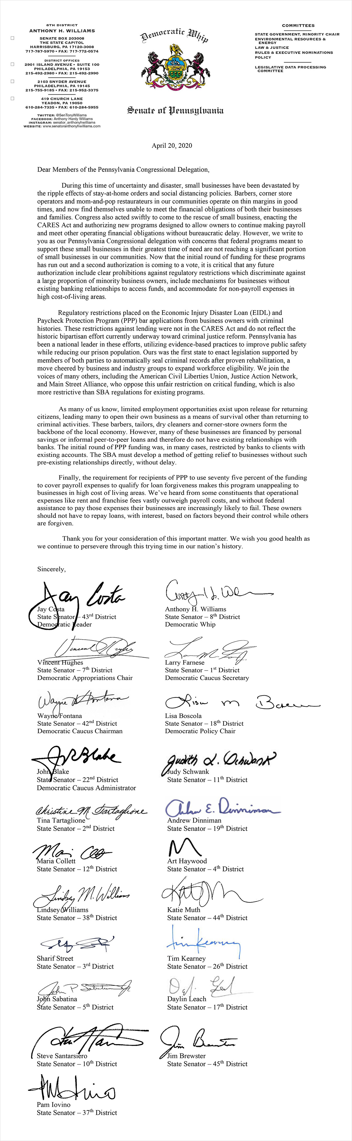SBA Funds Letter to Congressional Delegation 